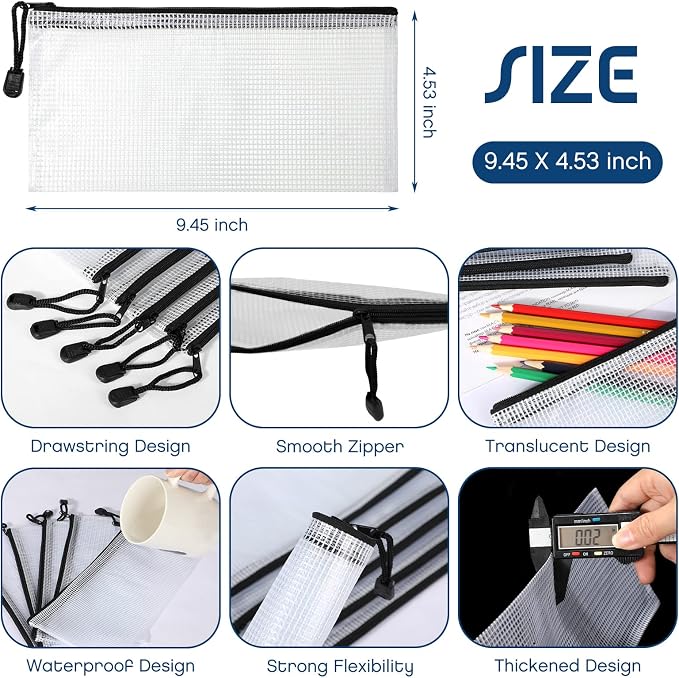 Zhehao 200 Pieces A6 Mesh Zipper Pouch Bulk Mesh Bags with Zipper Waterproof Small Pencil Pouches for Office Supplies Organization 9.4 x 4.5 Inches(Black and White)