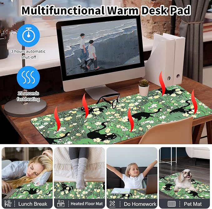 Warm Desk Pad,Heated Desk Pad,Office Mat,3 Heating Levels & 3 Hours Auto Shut-Off,31.5"*13" Gaming Mouse Laptop Keyboard Leather Desk Mat,Cat Floral Green