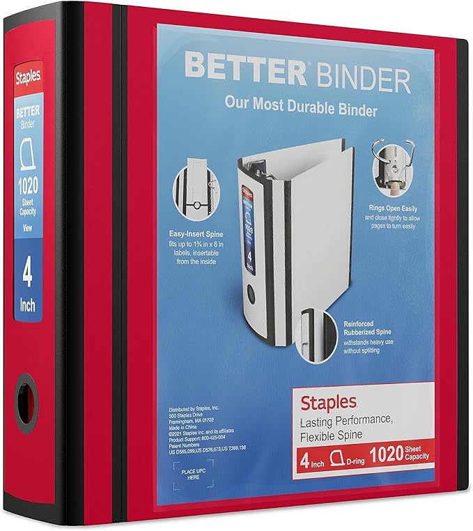 Staples Better Binder, 4" Heavy‑Duty D‑Ring 3‑Ring Binder, Red, Reinforced Spine, 800‑Sheet Capacity, Durable Filing & Organization Binder for School & Office, 2‑Pack