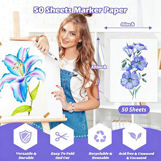 Marker Paper 9" x 12", 50 Sheets Alcohol Marker Paper, Loose Drawing Paper | 73lb/120gsm Smooth Painting Coloring Paper, Art Supplies for Kids Adults, Teacher Marker Pad Sketchbook, Classroom Must Have