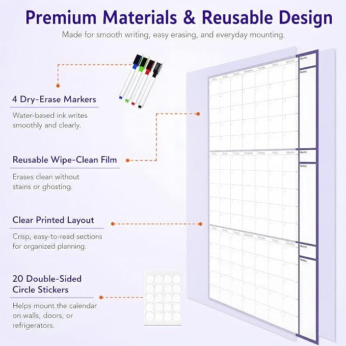 Dry Erase Calendar for Wall 24x36in Undated 3 Month Celendar with 4 Markers | Purple Layout Reusable PET Erasable Surface, Large 3-Month View, Easy to Write and Wipe Clean