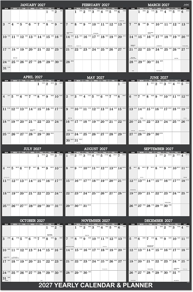 2027 Calendar - 2027 Yearly Wall Calendar, Jan.2027 - Dec.2027, Yearly Wall Calendar 2027, 34.8" x 22.8"(open), Round Stickers, Vertical - Grey