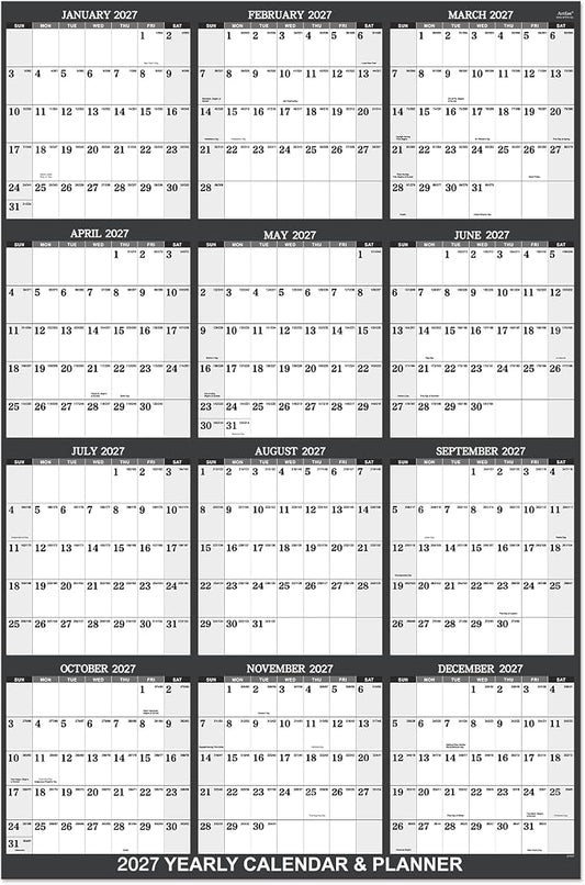2027 Calendar - 2027 Yearly Wall Calendar, Jan.2027 - Dec.2027, Yearly Wall Calendar 2027, 34.8" x 22.8"(open), Round Stickers, Vertical - Grey