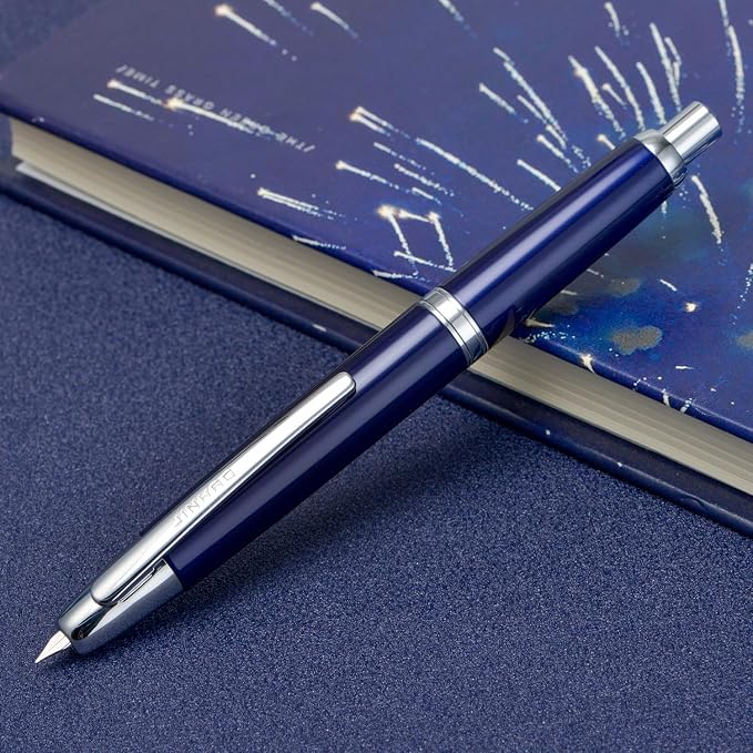 Jinhao 10 Press Fountain Pen with Box, Dark Blue Retractable Extra Fine Nib with Ink Converter Set (Silver Clip)