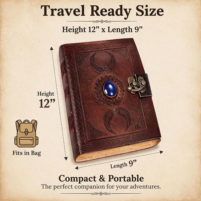 cuero 3 Moon Blue Lapis Embossed Vintage Leather Journal | 240 Pages of Antique Handmade Deckle Edge Vintage Paper, Leather Sketchbook, Drawing Journal, Great Gift (9 inch 12 inch, brown) [Spiral-bound]