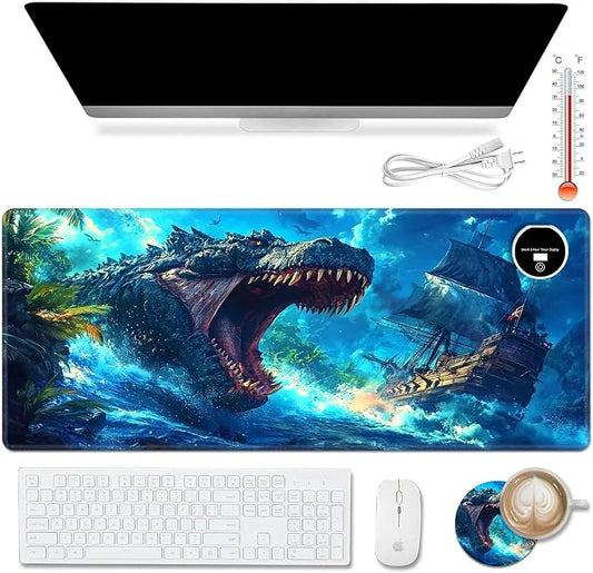 Warm Desk Pad,Heated Desk Pad,Office Mat,3 Heating Levels & 3 Hours Auto Shut-Off,31.5"*13" Gaming Mouse Laptop Keyboard Leather Desk Mat,Blue Dinosaur Ocean