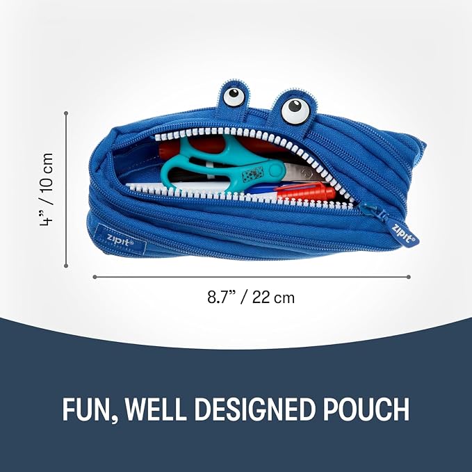 ZIPIT Monster Pencil Case for Kids, Cute Zipper Pouch for Boys Girls and Teens, Stationery Bag for School ,Blue