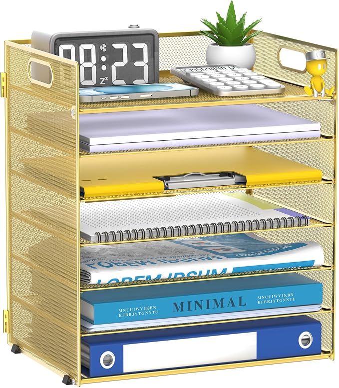 7 Tier Paper Organizer for Desk with Mesh Letter Trays and Handle Gold | Desk File Organizer with Handle for Sorting Papers, Files, Folders, Mail, Bills and Office Supplies