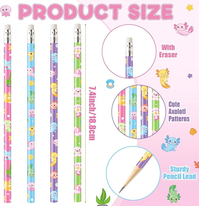 Xqumoi 60Pcs Cute Axolotl Pencils with Erasers - 4 Designs #2 HB Pencils in Bulk Axolotl Stationery for Studet Classroom Rewards Goodie Bag Fillers Stuffers, Birthday Party Favors School Supplies