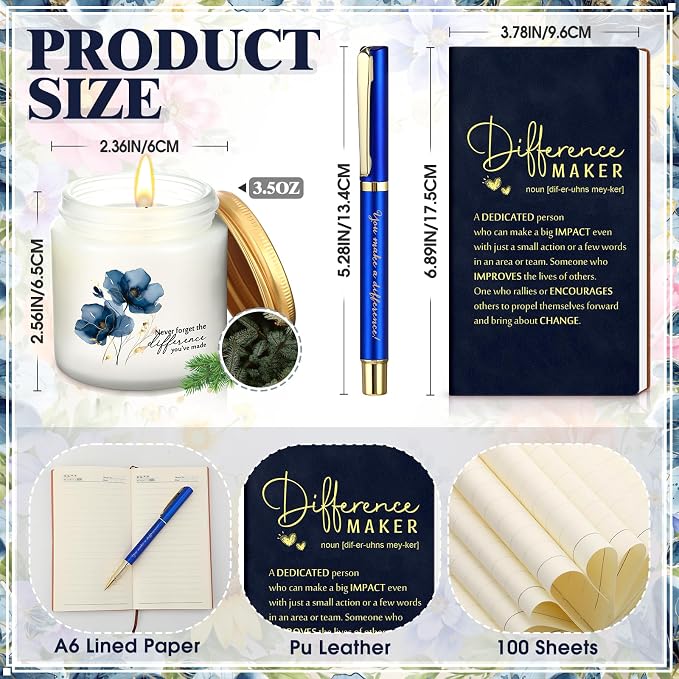 4 Pcs Difference Maker Gift Set Mug Notebook Candle Pen,Dark Blue,Flower