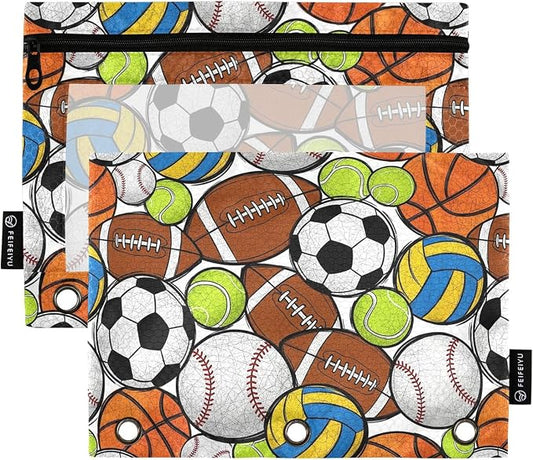 Gredecor Binder Pencil Pouch 3 Ring Sport Balls Colorful Zipper Pencil Pouches Case 2 Pack Clear Binder Organizer for School Office
