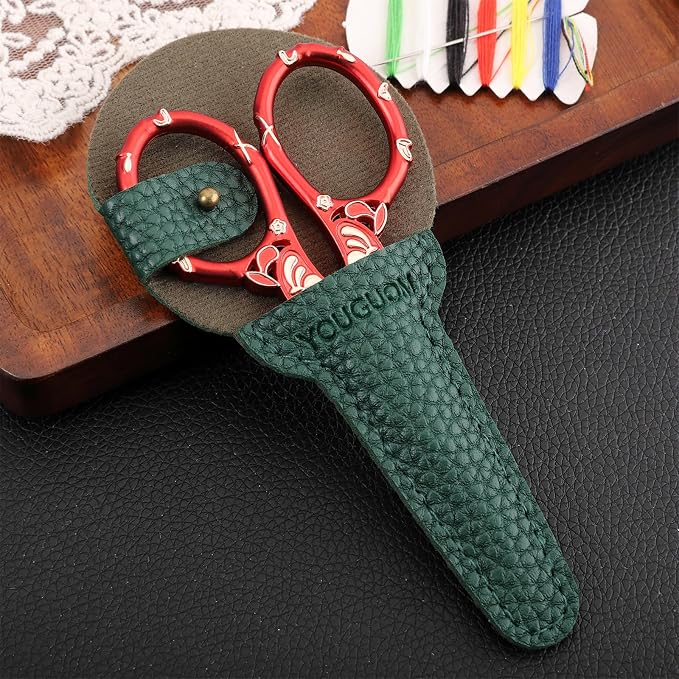 YOUGUOM Small Sewing Scissors with Cover, Needlework Shears | Sharp, Precision, Tiny Tip, for Embroidery, Craft, Crochet, Yarn, Scrapbook,Paper Cutting, Detail Thread Snips, Red