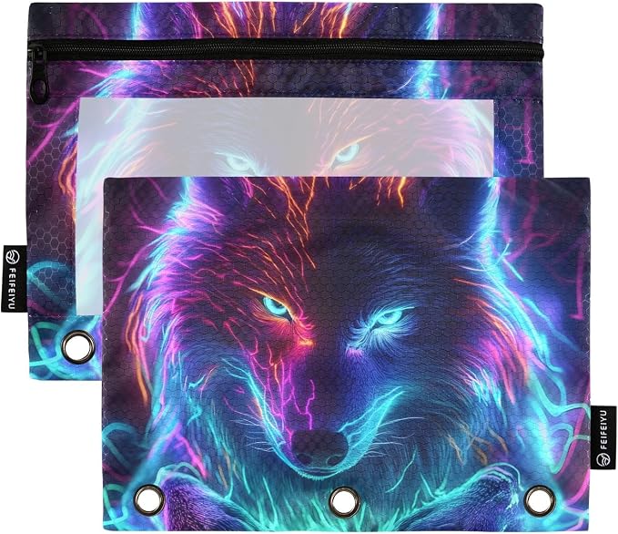 Neon Wolf Galaxy Wolves Pencil Pouch for 3 Ring Binder 2 Pack Zipper Binder Pencil Bag with Clear Window Pencil Case for Office Supplies