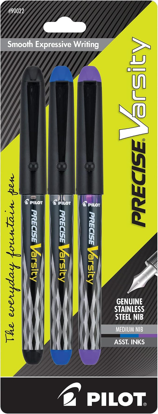 Pilot Precise Varsity Pre-Filled Fountain Pens for Writing, Medium Point Stainless Steel Nib, Black/Blue/Purple Ink, 1.0mm, 3-Pack