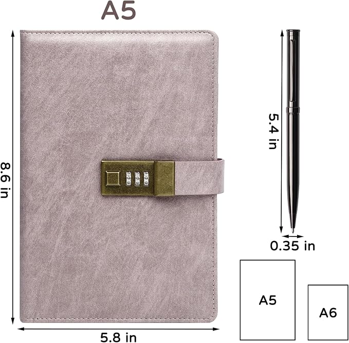 WEMATE Diary with Lock, A5 PU Leather Journal with Lock 240 Pages Pink | Vintage Lock Journal Password Notebook with Pen & Gift Box, Lock Diary Planner Organizer for Men and Women, 8.6x5.8in