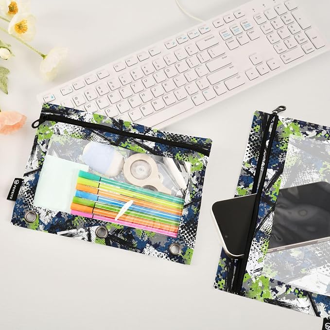 Gredecor Binder Pencil Pouch 3 Ring Grunge Camouflage Chaotic Zipper Pencil Pouches Case 2 Pack Clear Binder Organizer for School Office