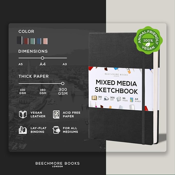 Beechmore Books Heavyweight Mixed Media Sketchbook - A4 8.5"x11" 300 GSM 48 Pages, Hardcover Lay-Flat Professional Journal for Painting, Acrylics and Wet Media