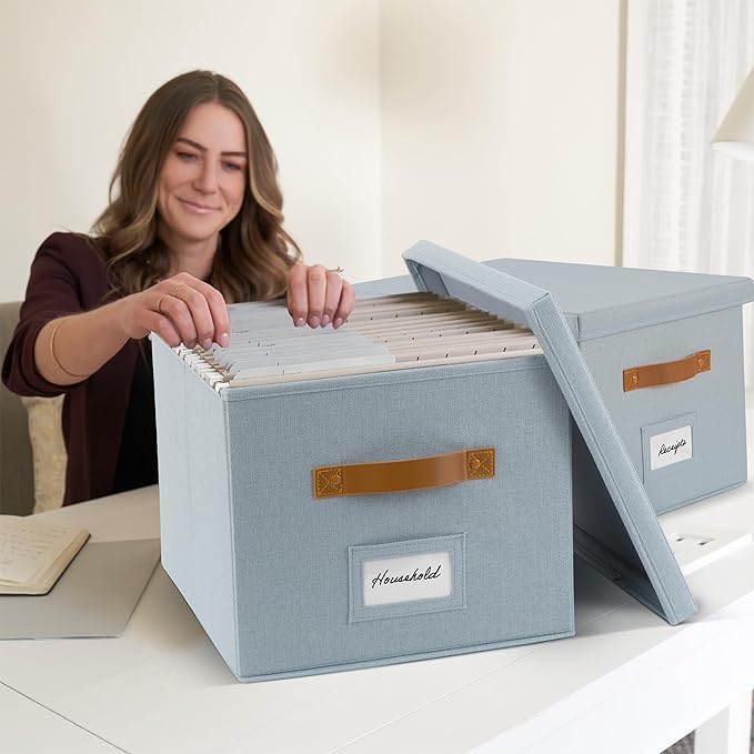 Decorative File Organizer Box Set of 2 - Collapsible Linen Filing Cabinets with Handles Are Perfect to Store All Your Documents & Hanging File Folders - Portable Easy Slide Office Crates with Lid