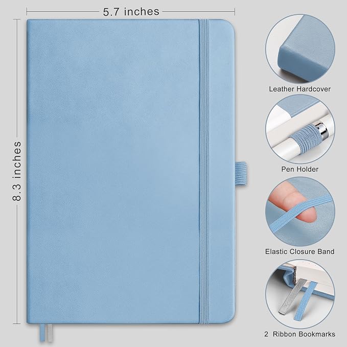 RETTACY Blank Journal Notebook, 192 Pages, A5 Medium Size (5.7'' x 8.3'') | Leather Hardcover, 100 GSM Thick Paper, for Sketching, Drawing, Painting (Light Blue)