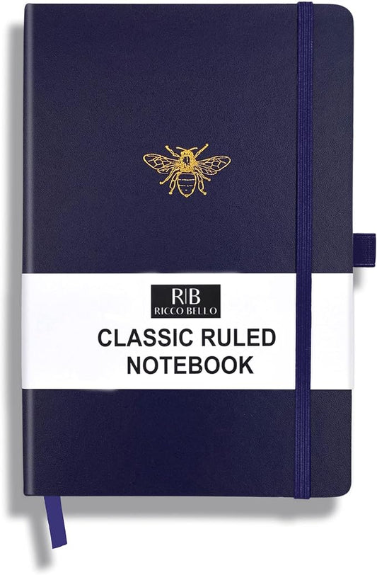 RICCO BELLO Lined Journal Notebook, Navy Bee, 5.7 x 8.4-Inches | Faux Leather Hardcover, Pen Holder, College Ruled, 96 Sheets / 192 Pages, For Work & Notes