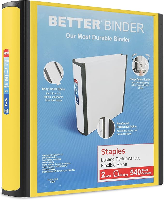 Staples Better Binder, 2" Heavy‑Duty D‑Ring 3‑Ring Binder, Yellow, Reinforced Spine, 540‑Sheet Capacity, Durable for School, Office, Filing & Presentations, 2‑Pack