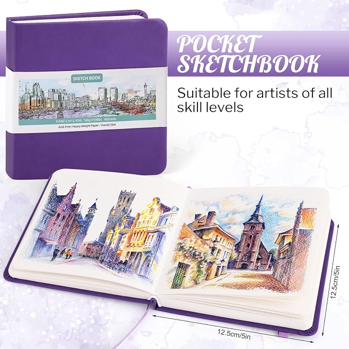 Hardcover Pocket Sketchbook, 5" x 5" Square Mini Sketchbook, 98lb/160gsm Heavyweight Tiny Sketch Book, 80 Sheets Small Travel Drawing Journal for Adults, Artist, Ideal for Gift (Purple)