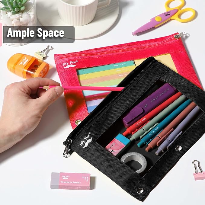 Mr. Pen- Pencil Pouch for 3 Ring Binder, 2 Pack, 10"x6.75", Smooth Zipper | Clear Window, Large Capacity Pencil Case with 3 Reinforced Grommets for School, Office, Supplies Storage | Clear Window, Large Capacity Pencil Case with 3 Reinforced Grommets f...