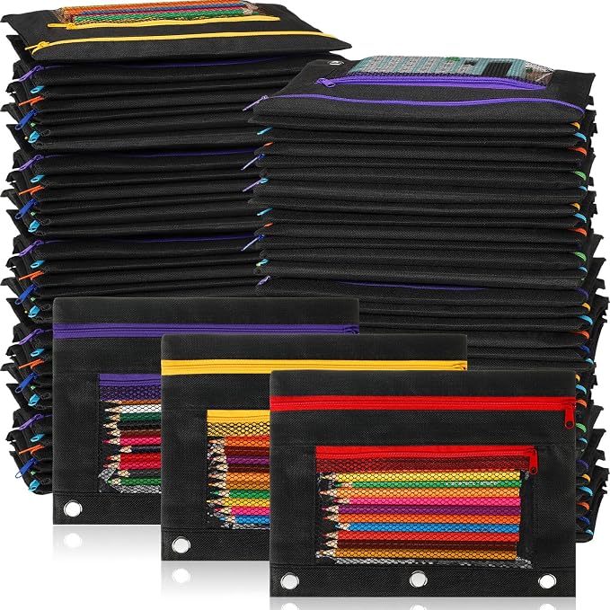 Zhehao 100 Pcs Zipper Binder Pencil Pouches:3 Ring Binder Pencil Pouches with Zipper Window Bulk Clear Pen Bags Case for Office School Classroom Supplies(Double Layer with Mesh Layer,Black)