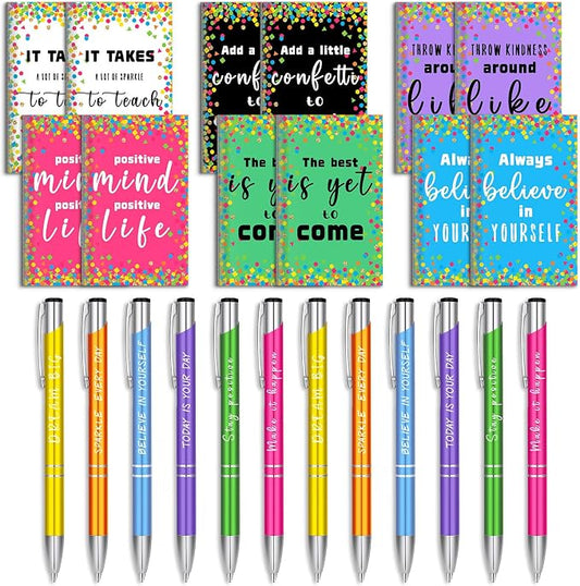 Geyee 24 Pcs Mini Motivational Pens Inspirational Notepads Bulk Appreciation Gifts Small Journals Funny Ballpoint Pen Set Prizes Men Women Office Travel Party Favors(Confetti)