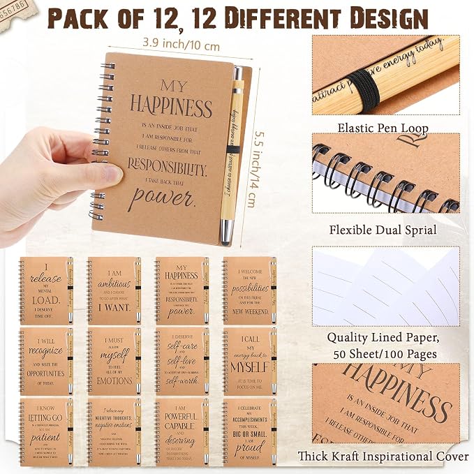 Pasimy 24 Pcs/12 Set Bulk Positive Affirmation Spiral Notebooks with Bamboo Pen Daily Affirmation Gift Set Motivational Encouragement Notepad Small Journals 5.5 x 3.9 Inch for Women Self Care