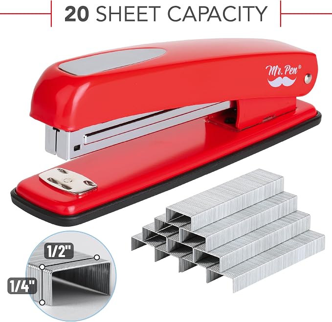 Mr. Pen- Red Office Stapler with Staples, 1000 Staples 1/4" | 20 Sheet Capacity, Desktop Stapler for Students, Office Supplies, Ergonomic Design for Comfortable Use