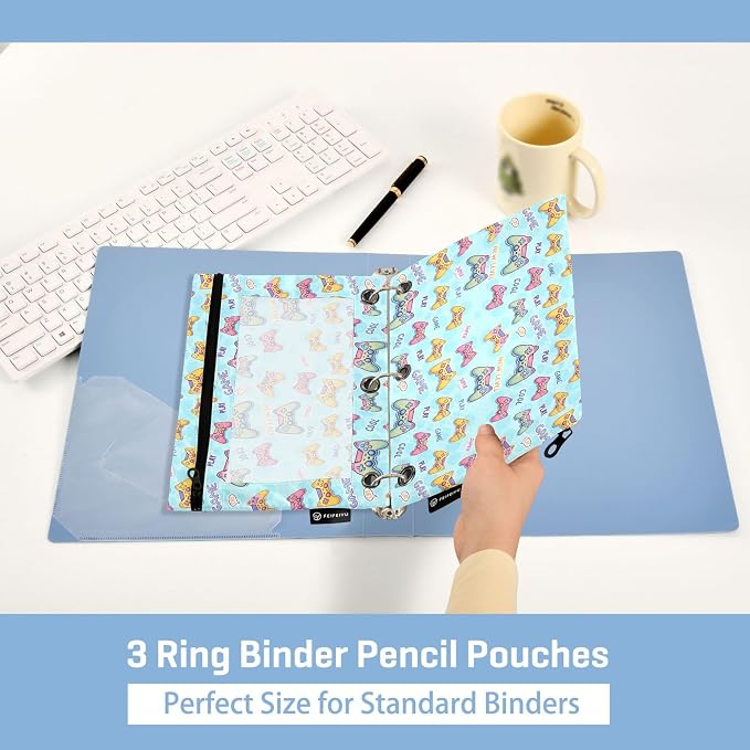 Mahjong Gambling Binder Pouches 3 Ring for Boys Girls School Office College Supplies Green White Doodle Pattern Pencil Pouches Case Bag with Clear Window and Zipper 2 Pack