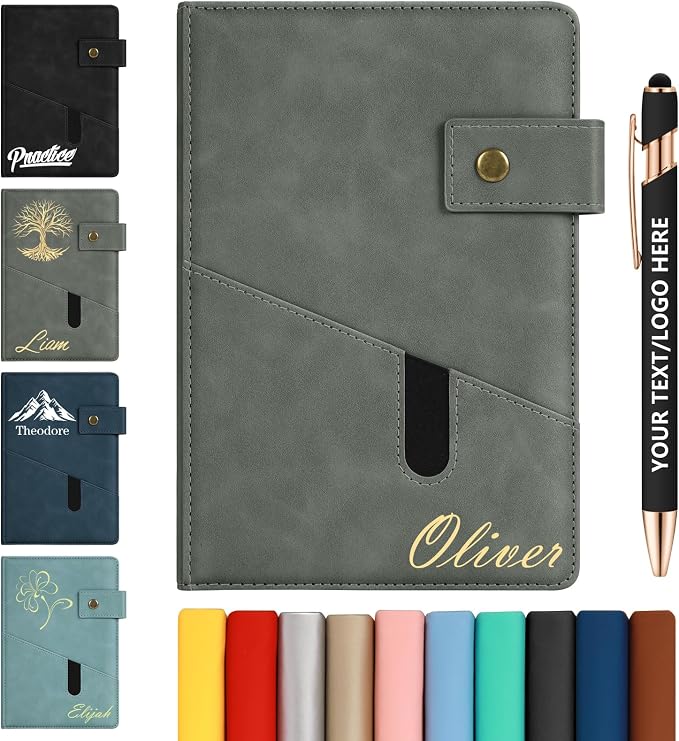 ENOMY Personalized Notebook & 10 PC Pens Set A5 Notebook with Ribbon Bookmark PU Leather Custom Notebook Cover for College Graduation Birthday Business Gifts, Gray
