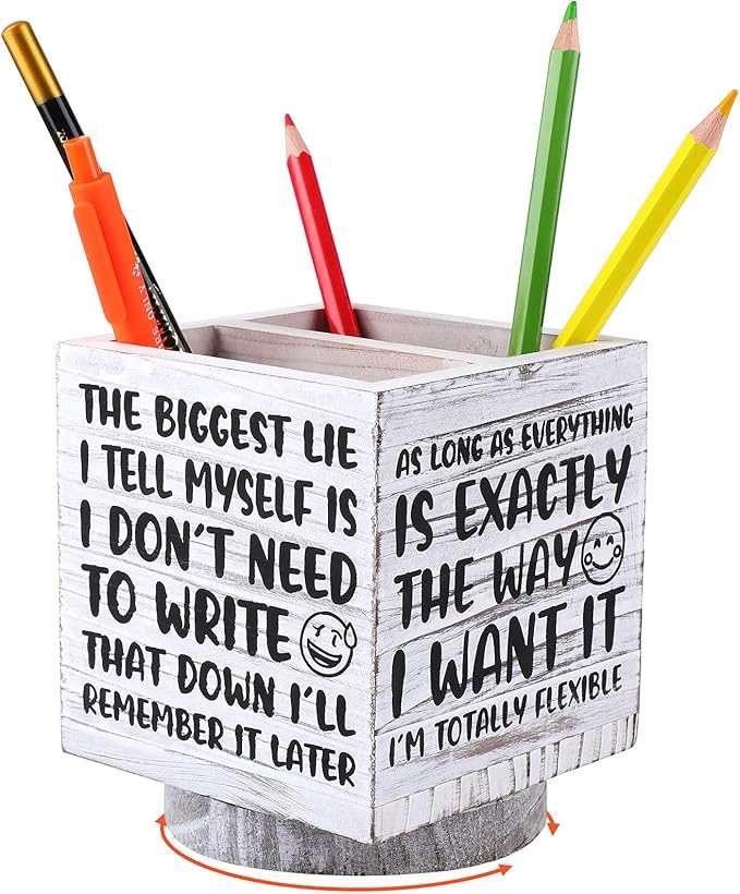 Outus Wooden Spinning Pen Holder for Desk I'll Remember It Later Pencil Holder Cute Organizer Funny Desk Decor Pencil Case Art Supply Storage Box for Home Office (White)