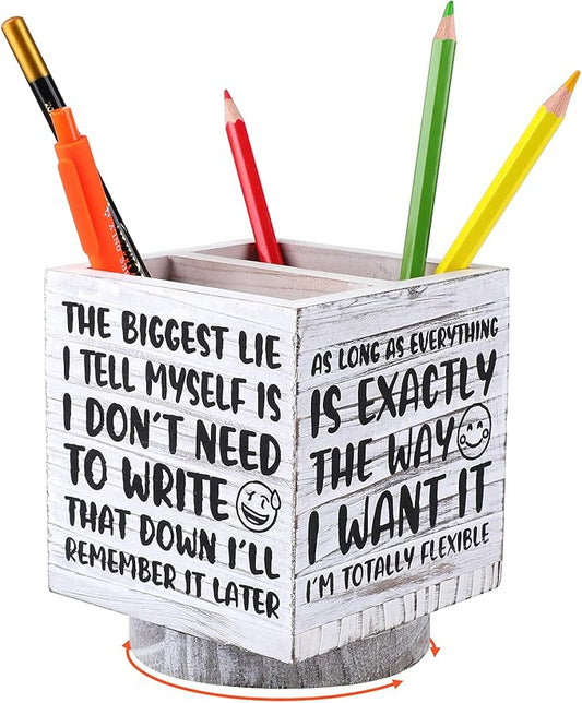 Outus Wooden Spinning Pen Holder for Desk I'll Remember It Later Pencil Holder Cute Organizer Funny Desk Decor Pencil Case Art Supply Storage Box for Home Office (White)