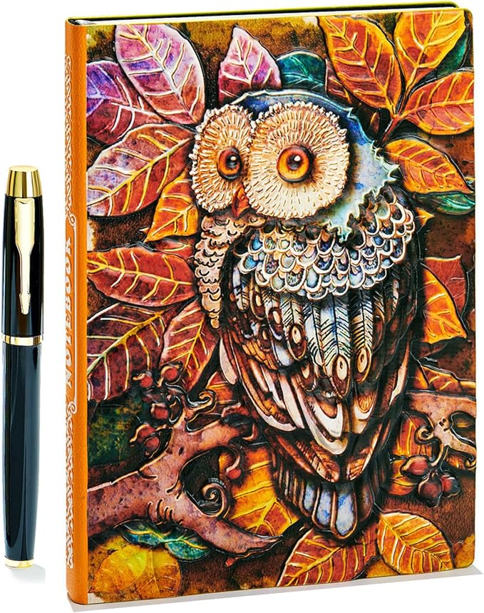 Vintage 3D Owl Cover Embossed Leather Writing Journal +Pen Set,A5,200Pages,Antique Handmade Daily Notepad Sketchbook,Travel Diary&Notebook to Write in,for Women Men