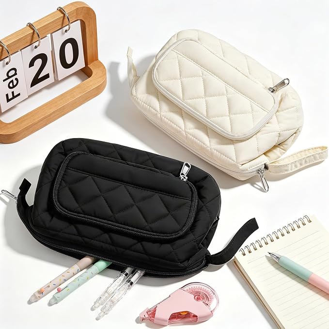 Zannaki Soft Quilted Large Pencil Pouch Organizer with Wide Opening for Boys Girls Teens - Extra Big Capacity Pen Pencil Bag with Zipper, Portable Pencil Case Box for School, College, Cosmetic Gift