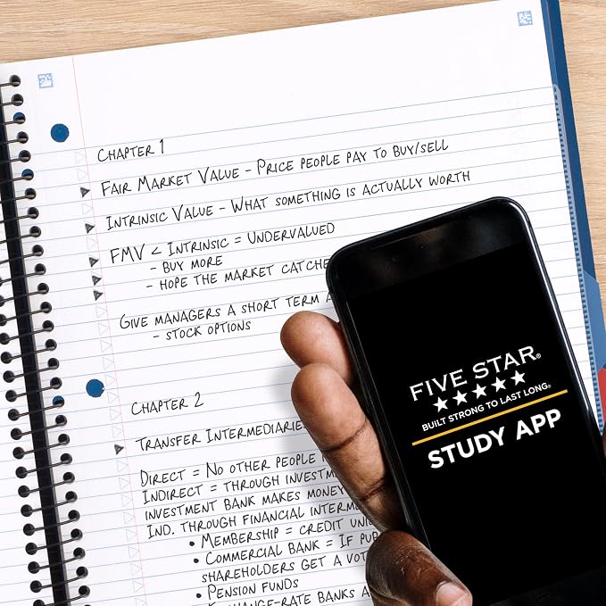 Five Star Advance Spiral Notebook + Study App, 5 Subject, College Ruled Paper, 8-1/2" x 11", 200 Sheets, Spiral Guard, Movable Tabbed Dividers, Black (73144) (Pack of 6)