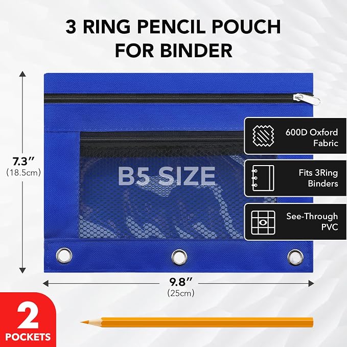 3 Ring Pencil Pouch for Binder, 2-Pocket Zipper Pencil Case with Clear Window & Mesh Pocket, 600D Oxford Fabric Binder Pouch for School Office Supplies, Fits Standard 3-Ring Binders, Blue