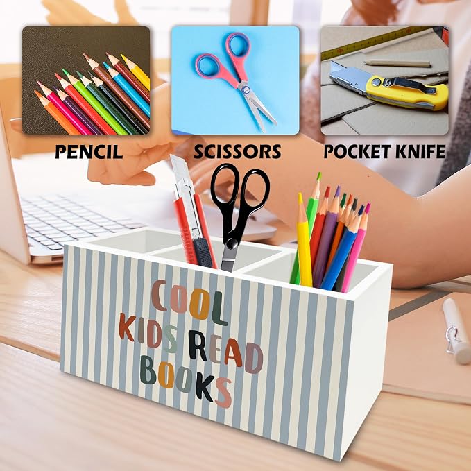 Boho Reading Room Pen Pencil Holder Organizer for Desk, Cool Kids Read Books Bookish Wooden Box Signs Decorations for Kids Reading Room Classroom Desk Tabletop, Book Lover Reader Gifts