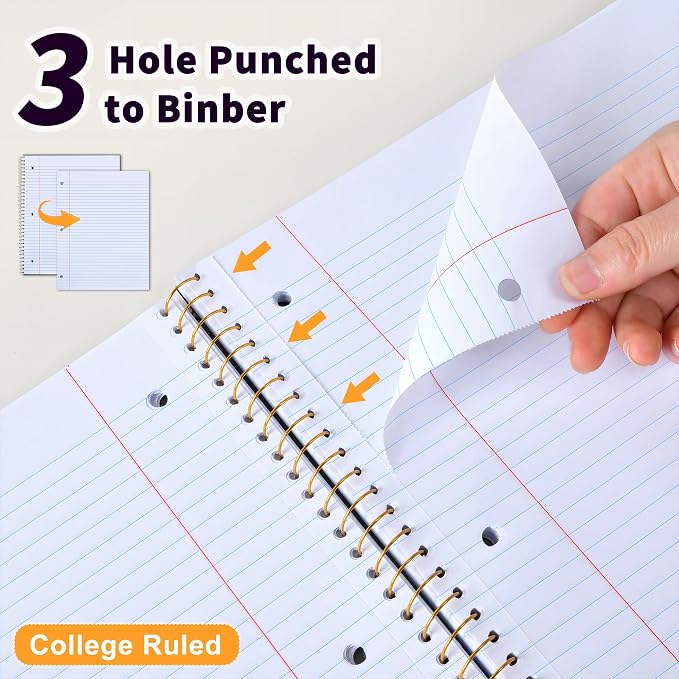 Spiral Notebook College Ruled Paper 8" x 10-1/2", 1 Subject Spiral Notebook 80GSM Paper, 3-Hole Punched Perforated Pages Ideal for School, Office, Writing, 75 Sheets Lined Journaling Notebook, Black