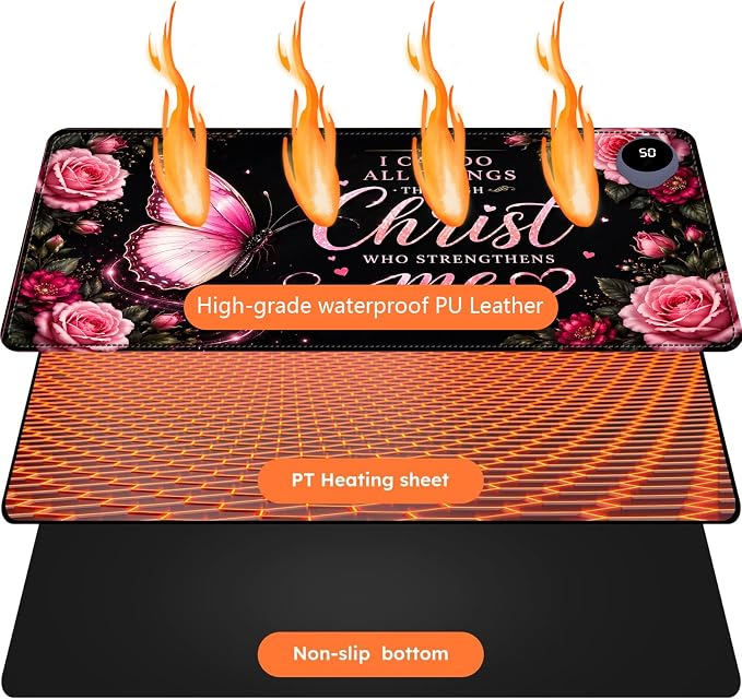 Large Heated Mouse Pad–23.6" x 14.2" Desk Mat for Office | 3 Adjustable Heat Levels,Auto Shut-Off After 3 Hours for Safety,Hands Warm While Working，Philippians 4:13 Butterfly Rose