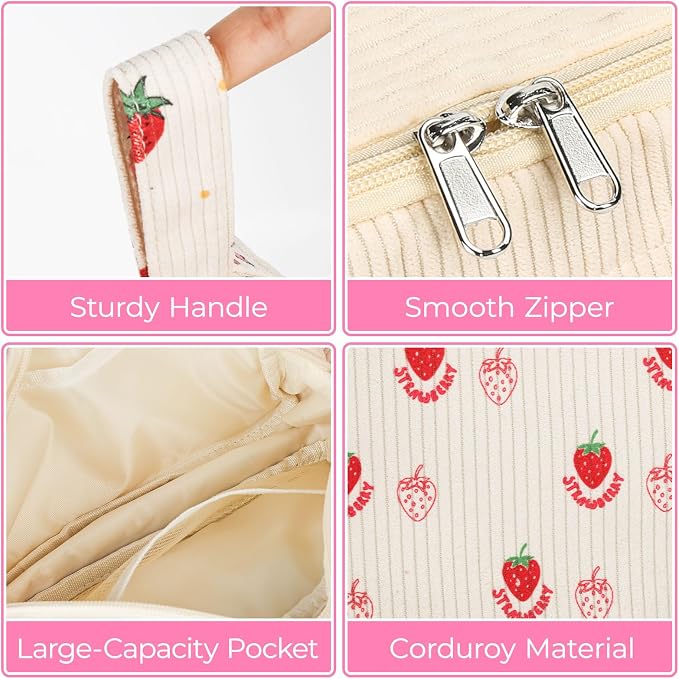 WOBAGMEN Cute Pencil Case,Large Corduroy Zippered Pencil Case Pouch, aesthetic Pencil Bag with Compartments, Pencil Pouch School Supplies (HY-corduroy pc-strawberry)