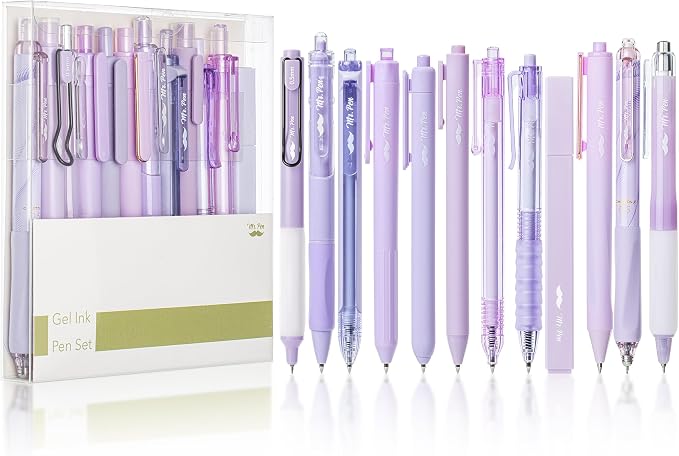 Mr. Pen- Purple Gel Pens Set, 12 Pack | Black Ink Cute Writing Pens with 1 Aesthetic Highlighter, 0.5 mm, Smooth Gel Pens for Journaling, Aesthetic Girly Stationery