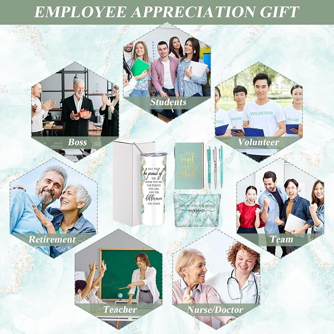 Domensi 6 Pcs Employee Appreciation Gift Set for Women Female Thank You Gift May You Be Proud 20 oz Rustic Marble Sign Tumbler Makeup Bag Journal for Boss Teacher Work Business(Green)