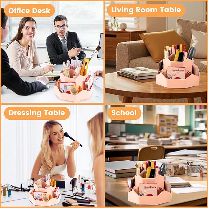 Large Rotating Pen Holder, Desk Organizer, Pink | with 9 Slots, Desktop Stationery Storage for Office, School & Home, Art Supplies Desktop Decor
