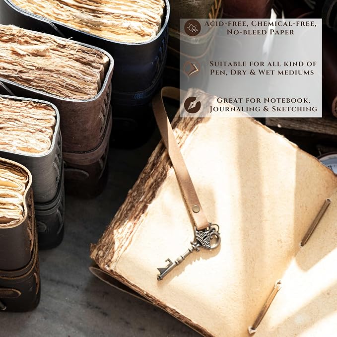 LEATHER VILLAGE Vintage Leather Journal – 200 Handmade Vintage Deckle Edge Paper – Leather bound Journal For Women Men – Vintage Key Closure - Book of Shadows - Cappuccino Brown - 8X6 inches (A5)