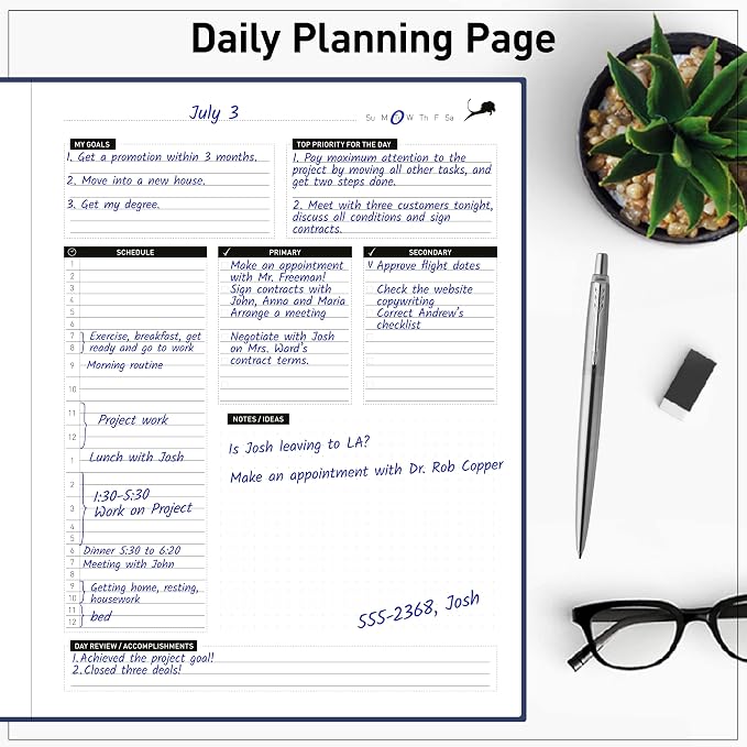 Day Planner - Professional Goal Planner, Calendar & Gratitude Journal to Increase Productivity, Time Management & Happiness - Vegan Leather Softcover, 24 Hourly, Undated 6 Months Work Planner