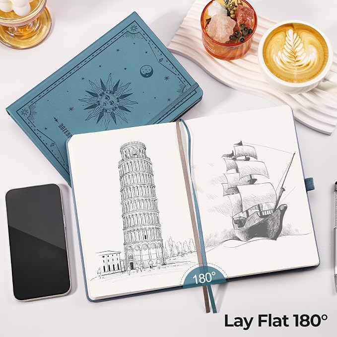 EMSHOI Blank Journal Notebook, 320 Pages, A5 Size (5.7'' x 8.3'') | Leather Hardcover, 100 GSM Thick Paper, Unlined, Plain, for Sketching, Drawing, Painting, Sun Debossed (Light Blue)