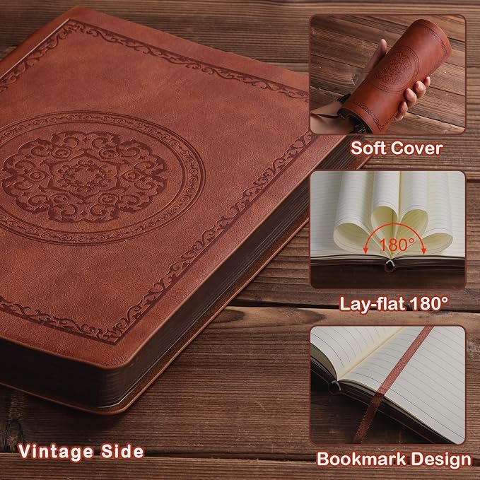 Fetinar 2026 Leather Vintage Journal Notebook,300 Pages,Leather Softcover Lined Journal Notebooks for Women Men,Notebook Journals for Writing Travel,Business,Office,8.5'' X 11.3''